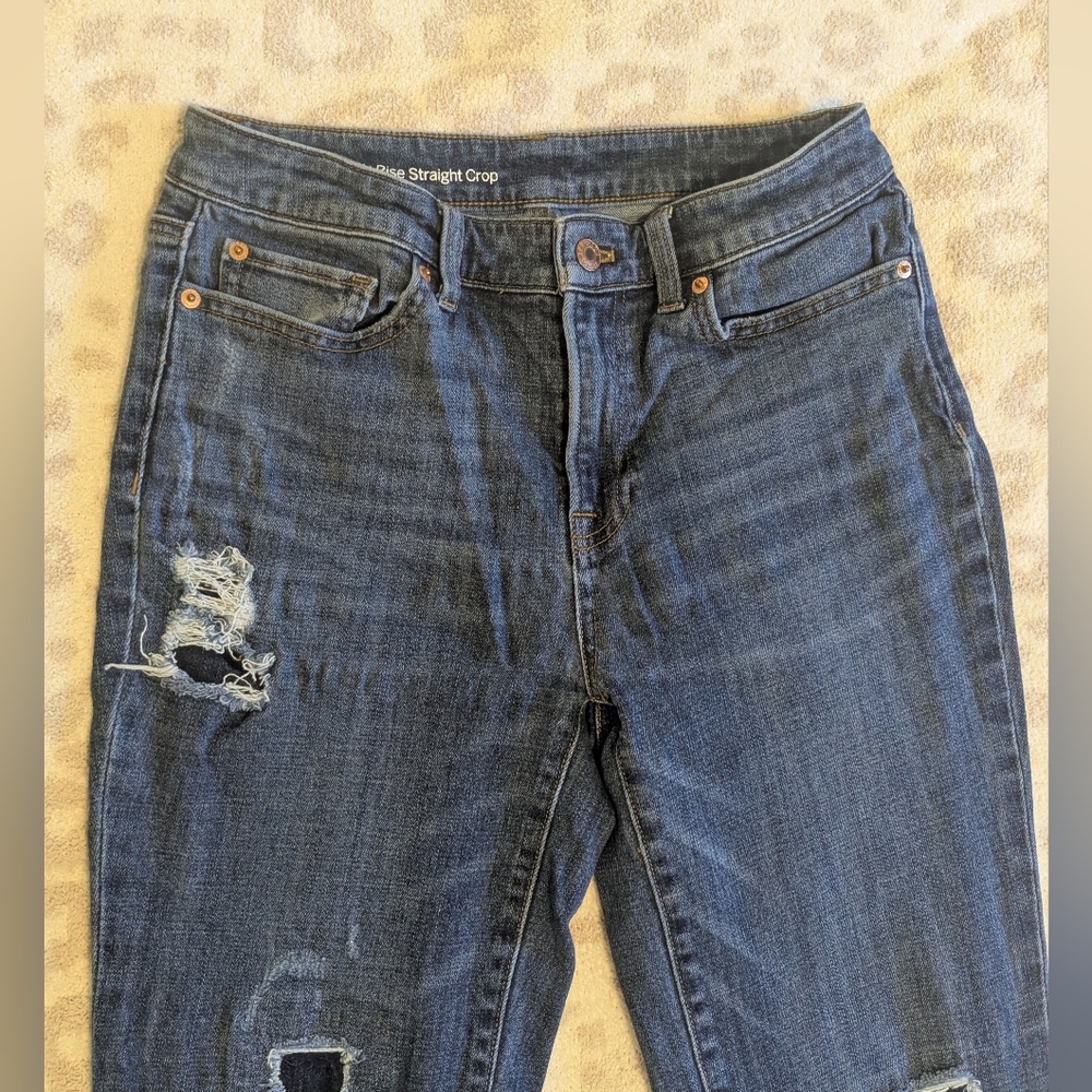 Talbots High Rise Straight Crop Jeans Patch Skinny Leg Dark Blue Size 4